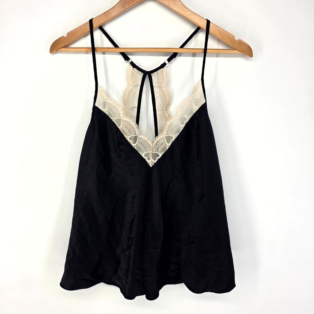 Flora by Flora Nikrooz Camisole Women Medium Black Lace Trim Racerback Satin Top